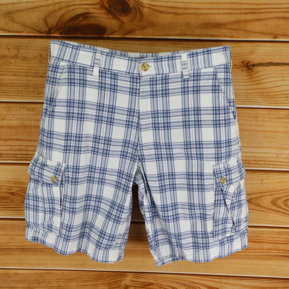Basic Editions Shorts Mens Size 36 Blue White Plaid 100% Cotton‎ Cargo Pockets